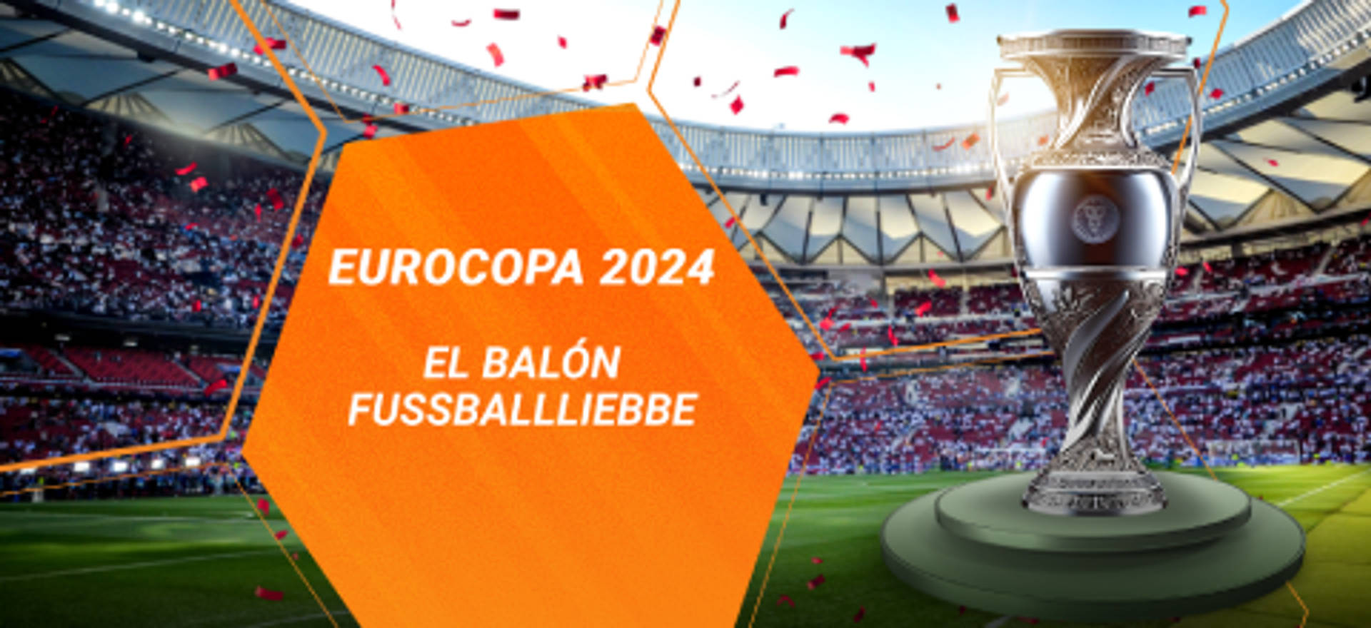Eurocopa 2024 con el trofeo y el texto "El Balón Fussballliebbe" en un estadio lleno de gente.