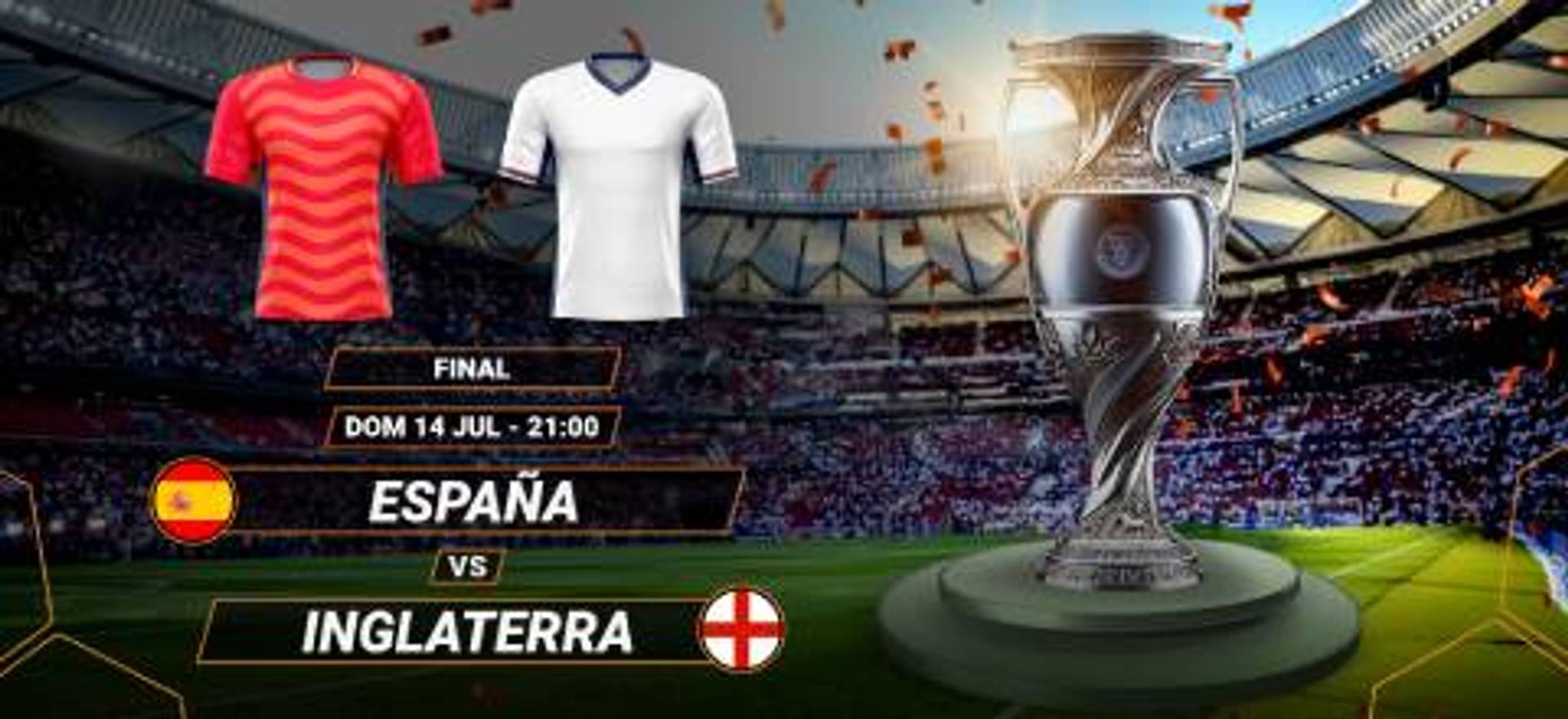 España contra Inglaterra, final de fútbol el 14 de julio, con trofeo y camisetas de los equipos.