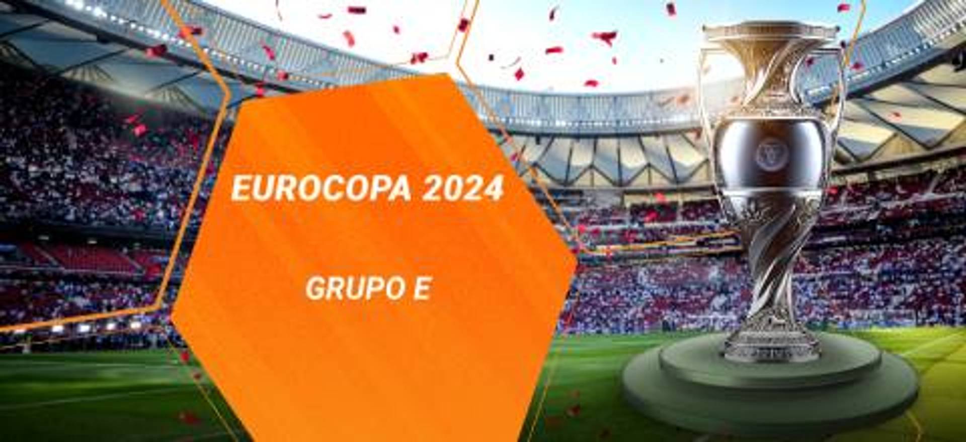 EUROCOPA 2024, Grupo E, con el trofeo en un estadio lleno de aficionados.