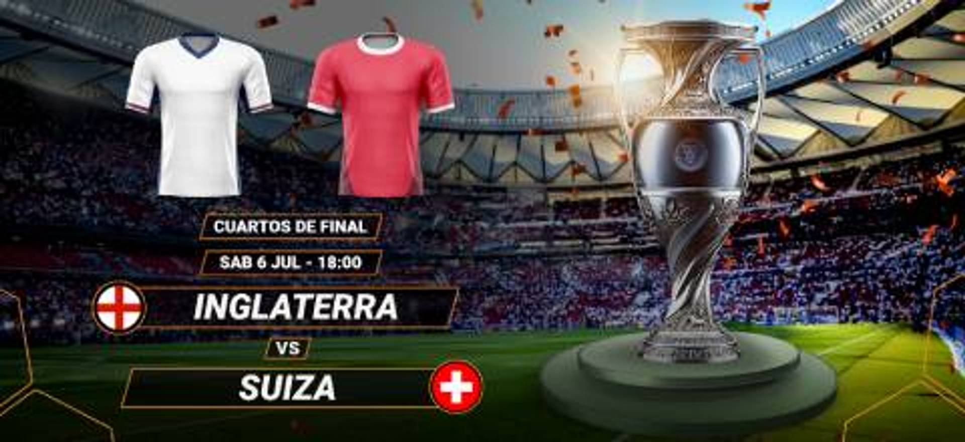 Inglaterra contra Suiza, 6 de julio. Camisetas de los equipos y trofeo.