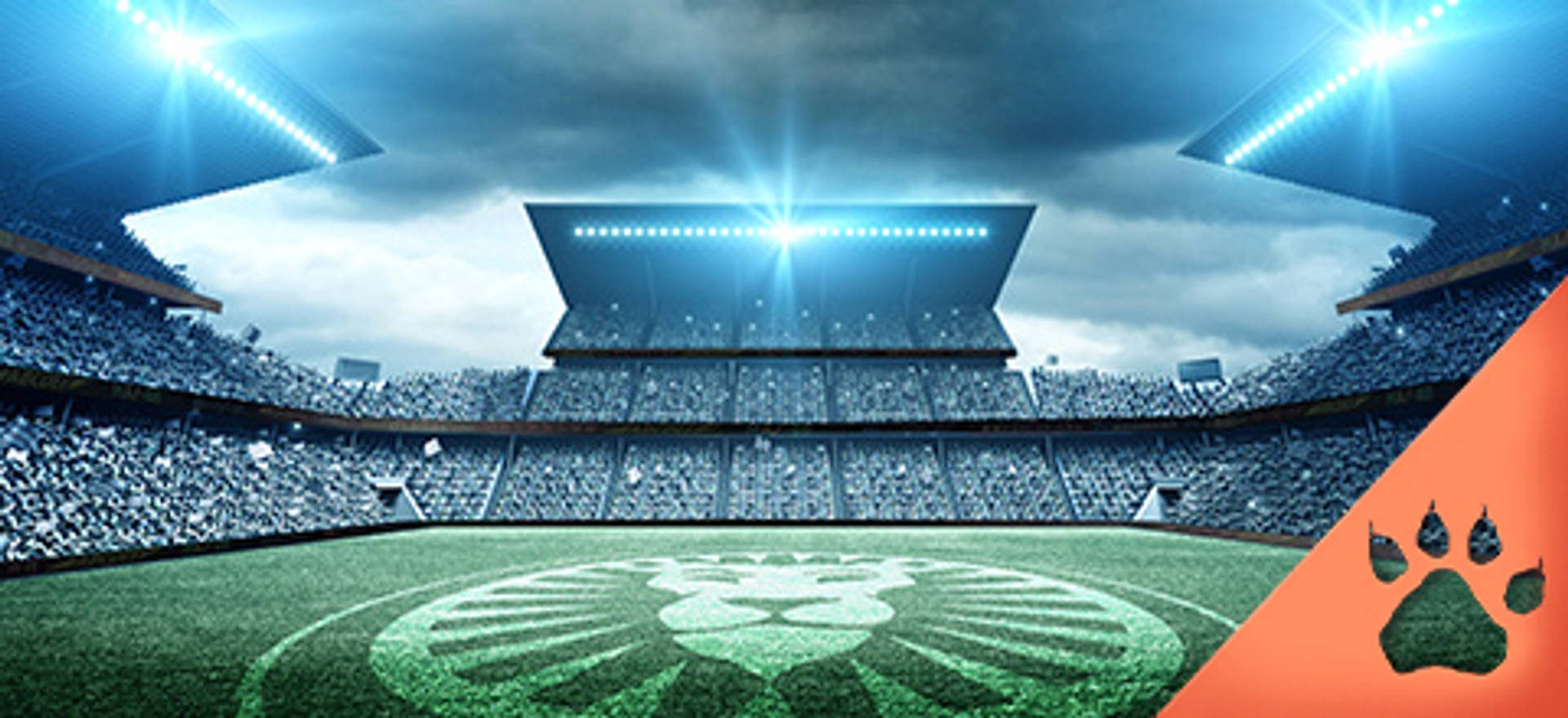 Estadio lleno con el logo de la marca en el campo y foco en la esquina inferior derecha.