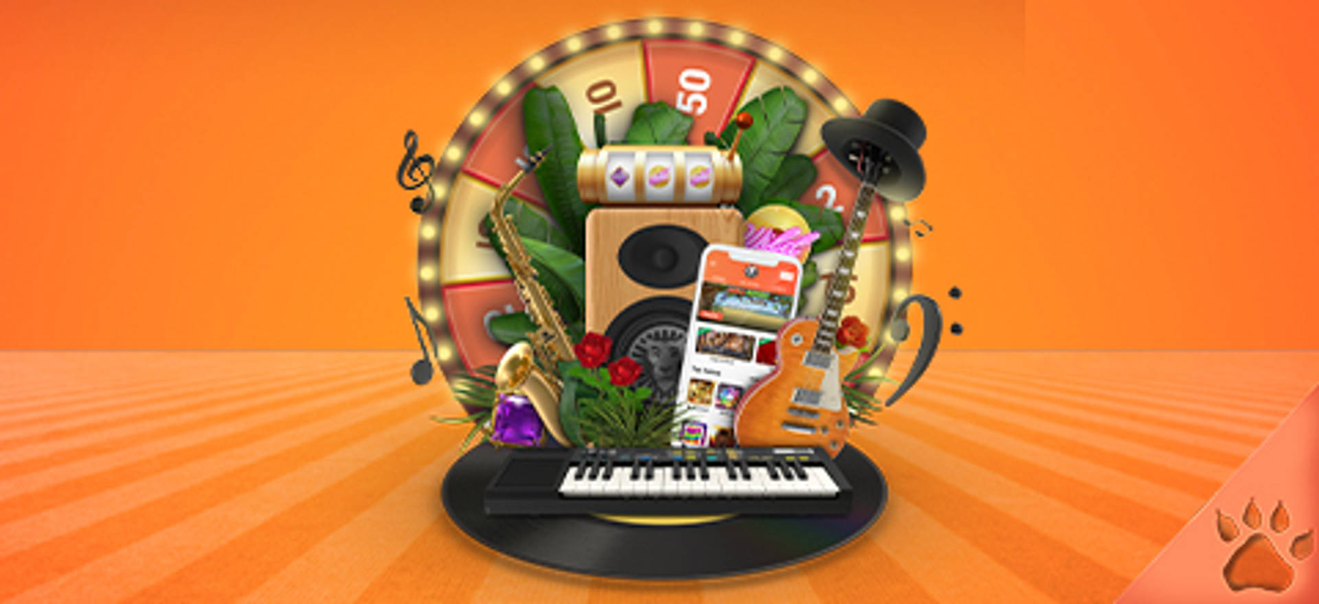 Rueda de la fortuna con instrumentos musicales, altavoz y un teléfono móvil en un disco de vinilo.