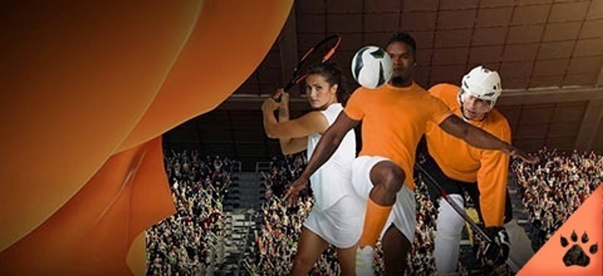 Imagen promocional con jugadores de tenis, fútbol y hockey sobre hielo en un estadio lleno de gente.