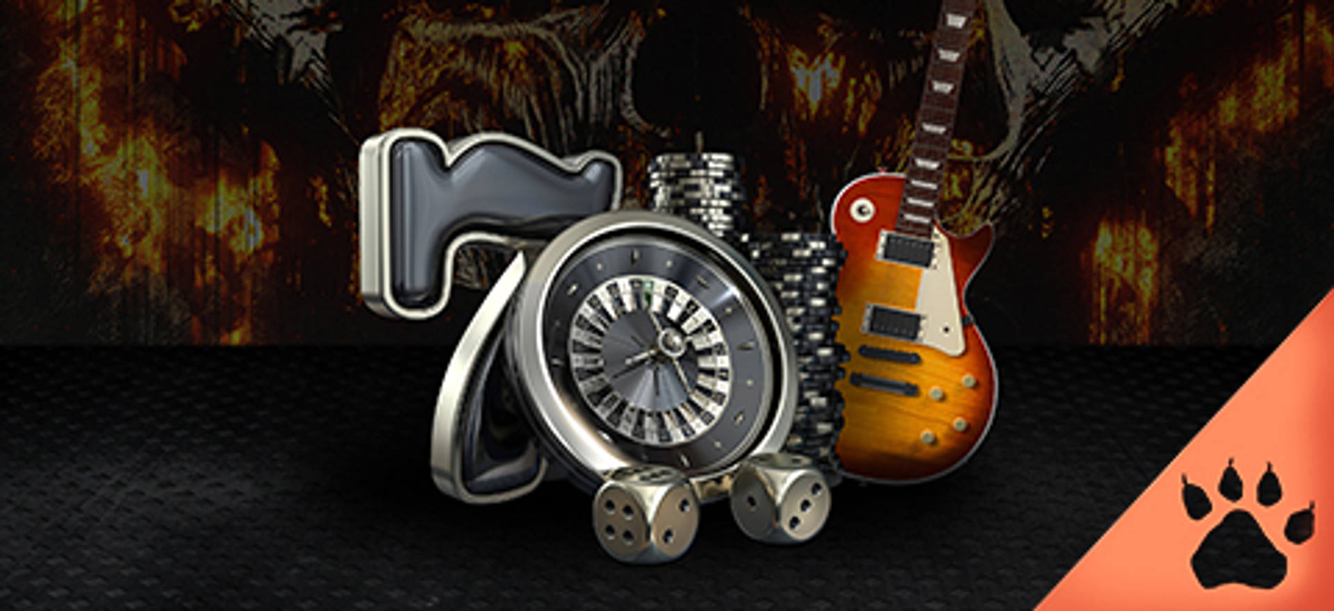 Imagen con un siete, ruleta, fichas, dados y una guitarra sobre un fondo oscuro.