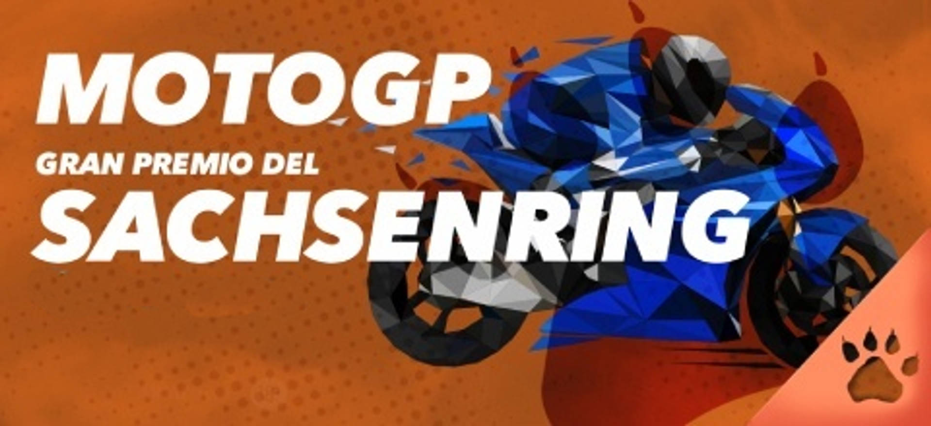MotoGP Gran Premio del Sachsenring con moto azul geométrica sobre fondo naranja.