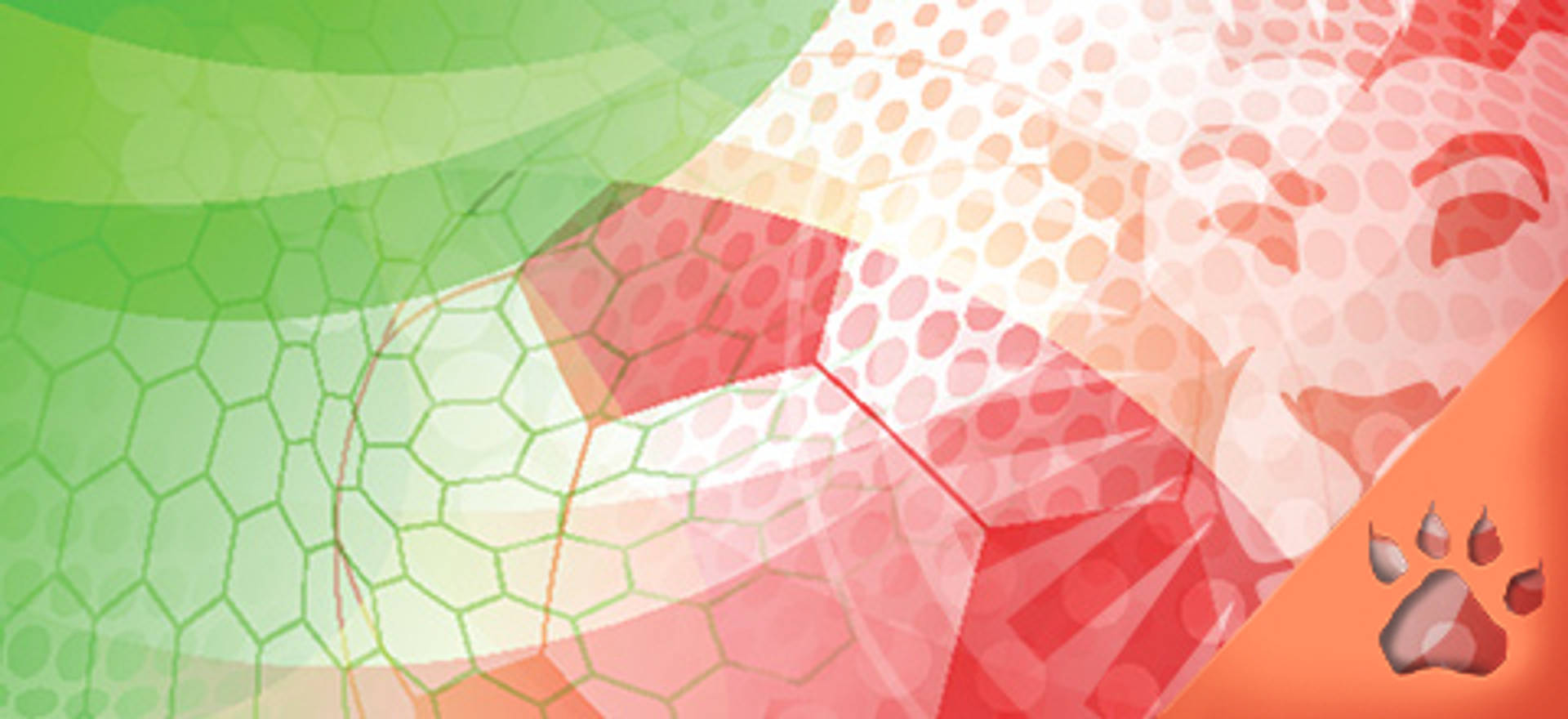 Fondo abstracto con motivos de fútbol en verde y rojo, y una huella de pata.