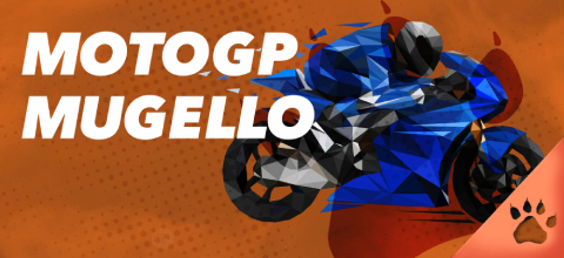 MotoGP Mugello banner con moto azul en estilo poligonal sobre fondo naranja.