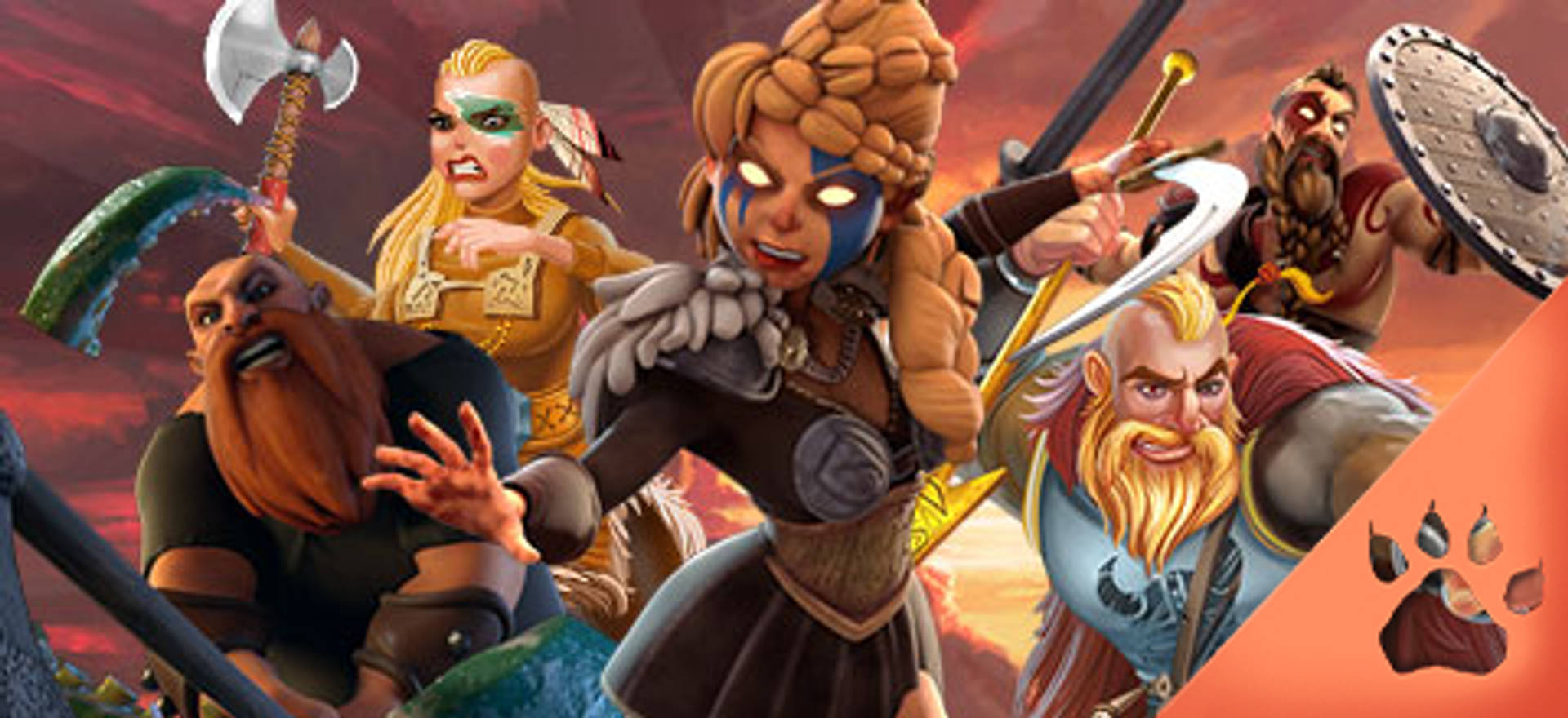 Personajes de dibujos animados de guerreros vikingos con armas y expresiones faciales intensas.