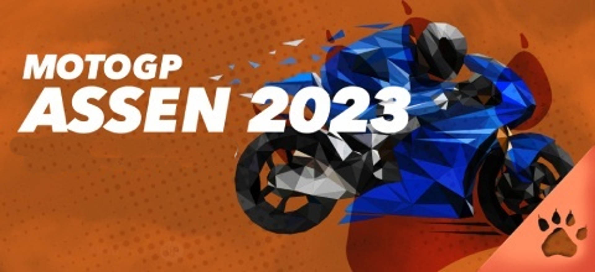 Póster de MotoGP Assen 2023 con una moto azul estilizada sobre un fondo naranja.