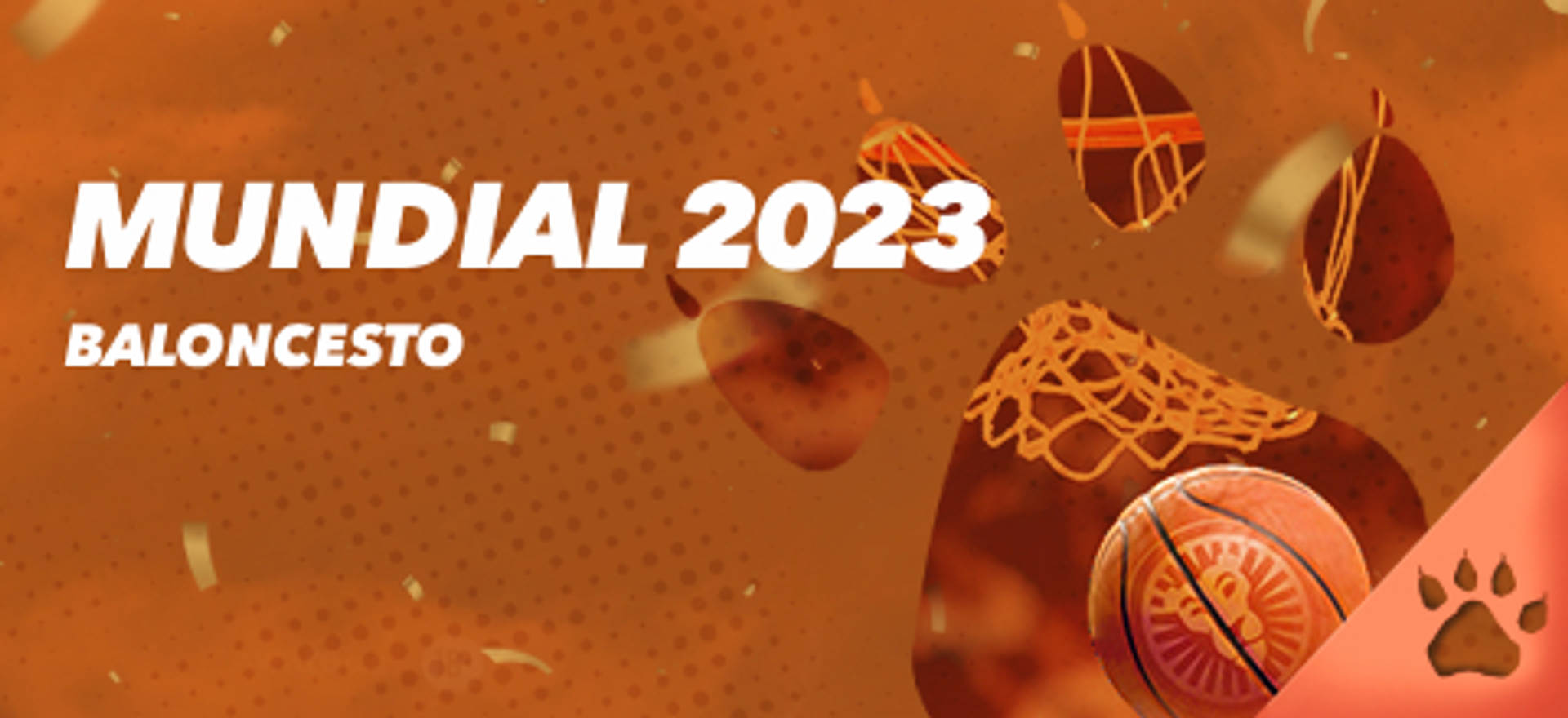 Mundial 2023 de baloncesto con adornos y balón sobre fondo naranja.