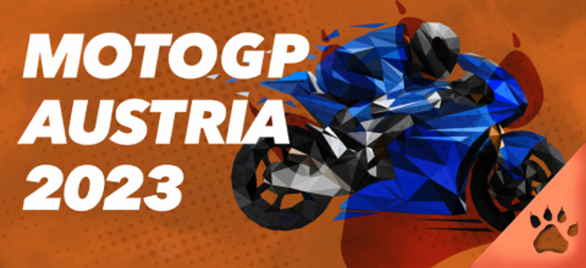 Ilustración de una motocicleta azul sobre un fondo naranja con el logo de la marca.