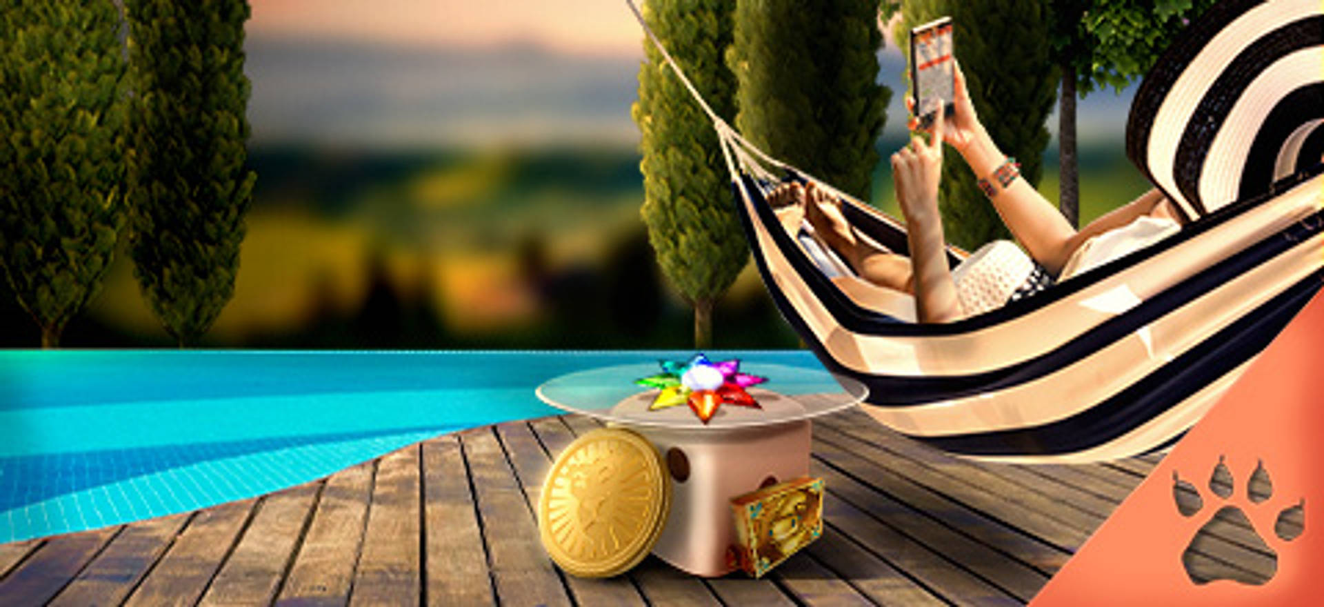 Persona relajándose en una hamaca junto a la piscina, usando un teléfono móvil.