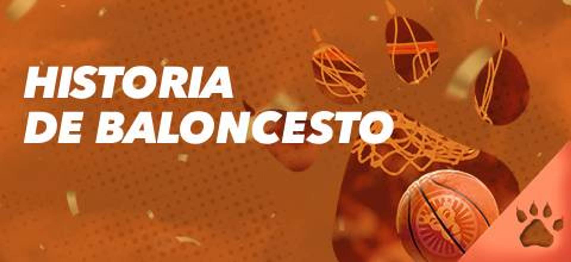 Historia de Baloncesto con balón, canasta y confeti sobre fondo naranja.