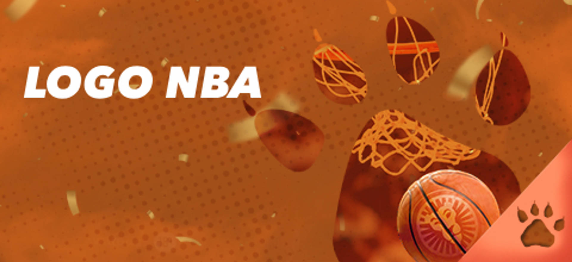 Logo de la NBA con huellas de pata y un balón de baloncesto sobre un fondo naranja.
