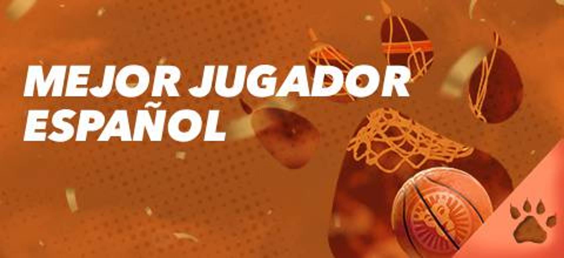 Mejor Jugador Español con balón de baloncesto y confeti sobre fondo naranja.