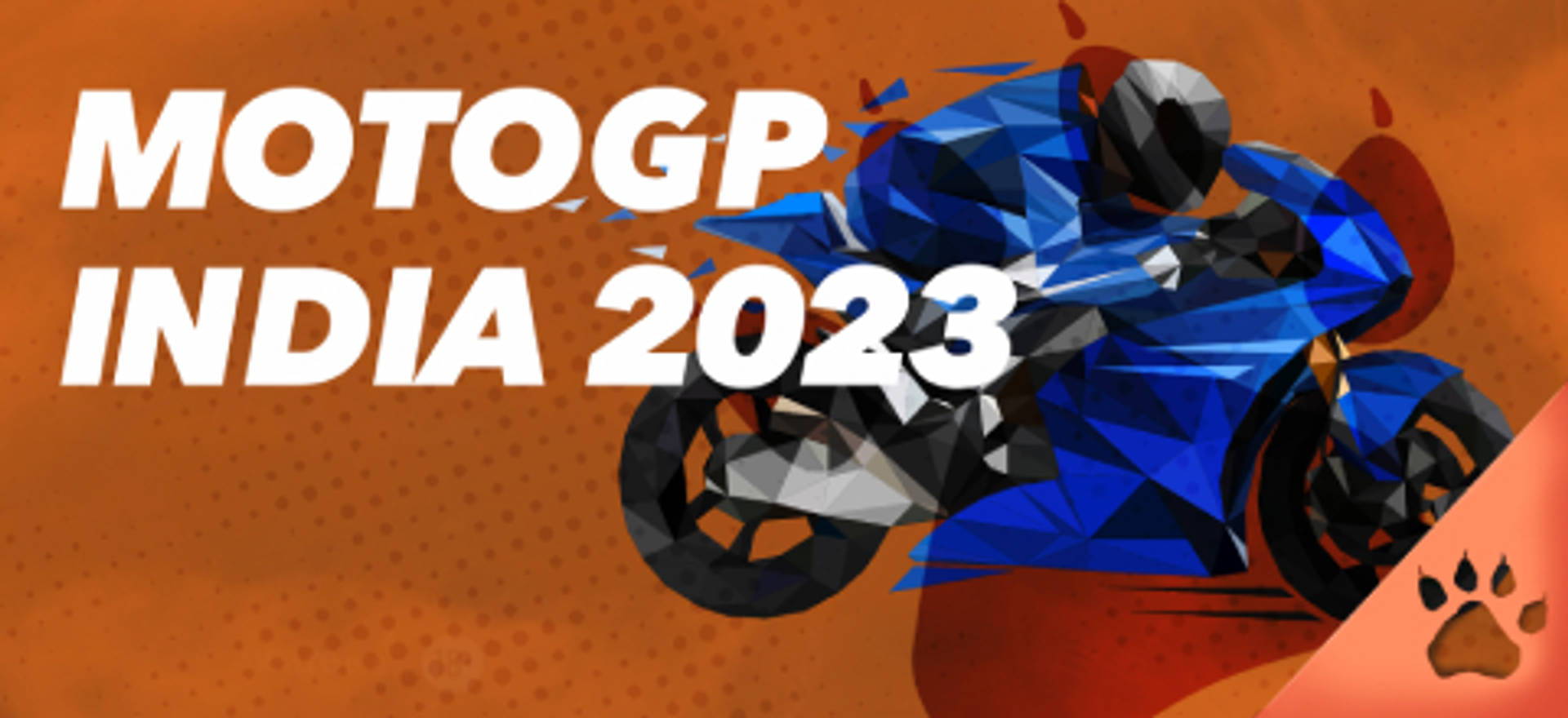 MotoGP India 2023 con una moto azul en estilo poligonal sobre fondo naranja.