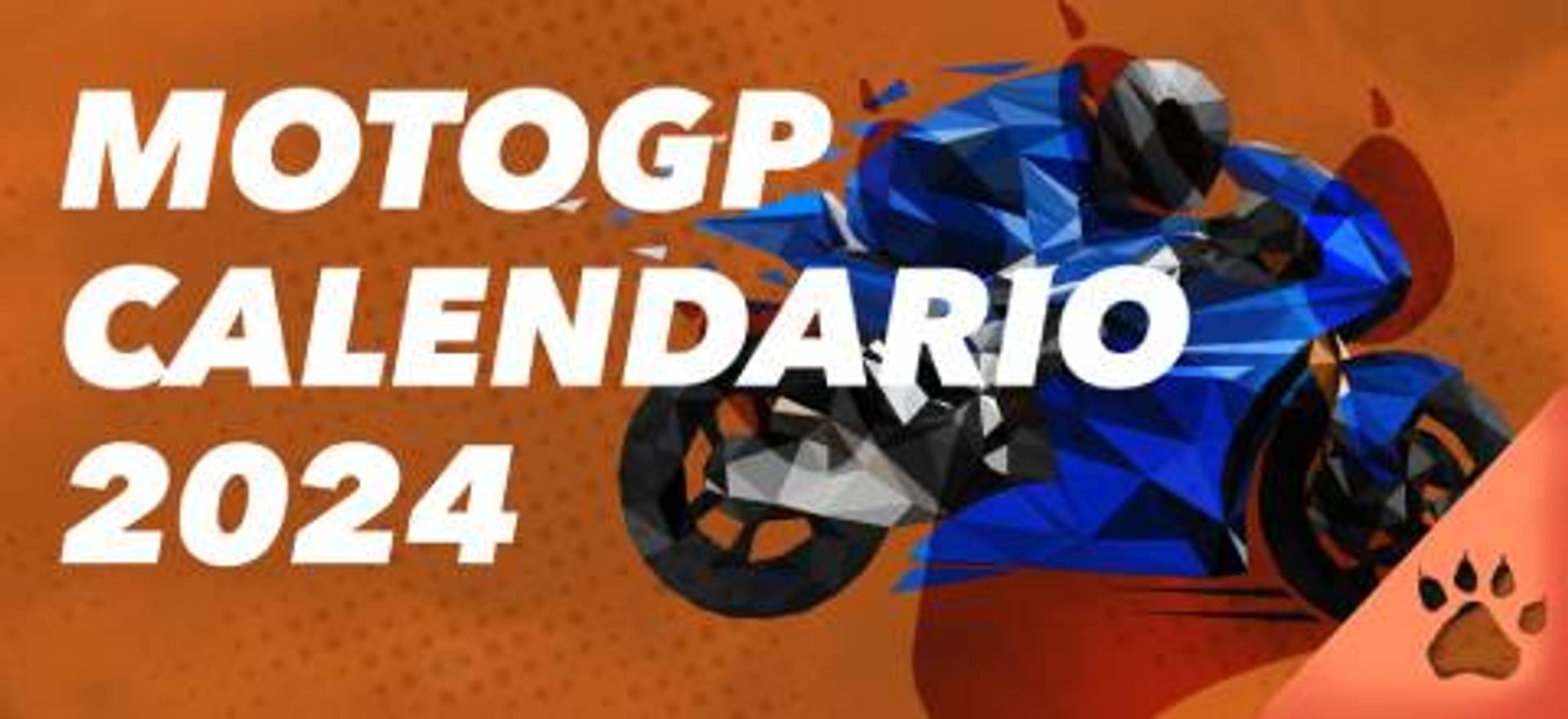Calendario MotoGP 2024 con ilustración de moto deportiva azul sobre fondo naranja.