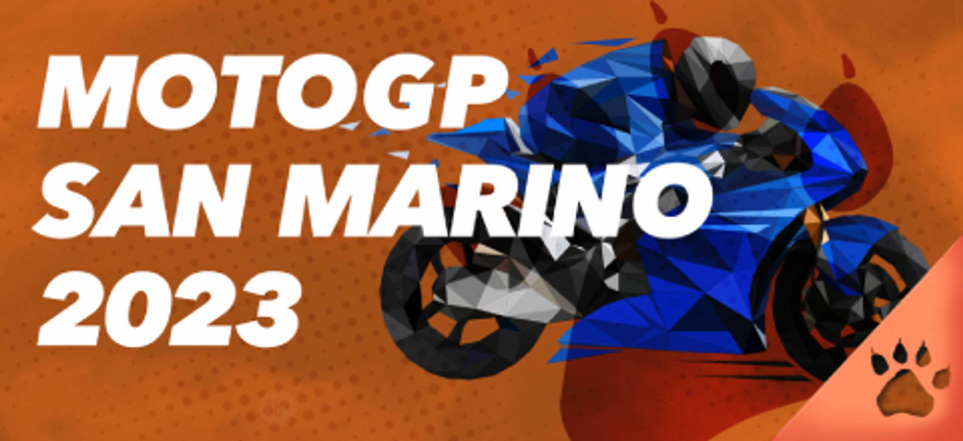 MotoGP San Marino 2023 con moto azul geométrica sobre fondo naranja.