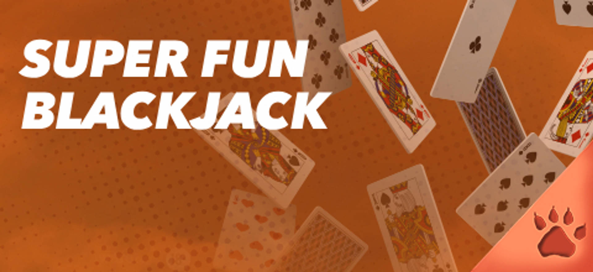 Blackjack súper divertido con cartas de juego sobre fondo naranja.